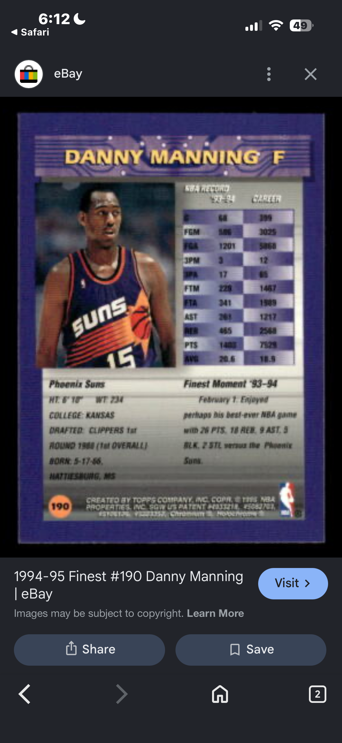 Danny Manning F basketball card
